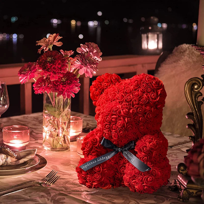 Christmas Valentine'S Day Gifts 23Cm Led Red Rose Teddy Bear Rose Flower Artificial Decoration Birthday Gifts Valentines Gifts