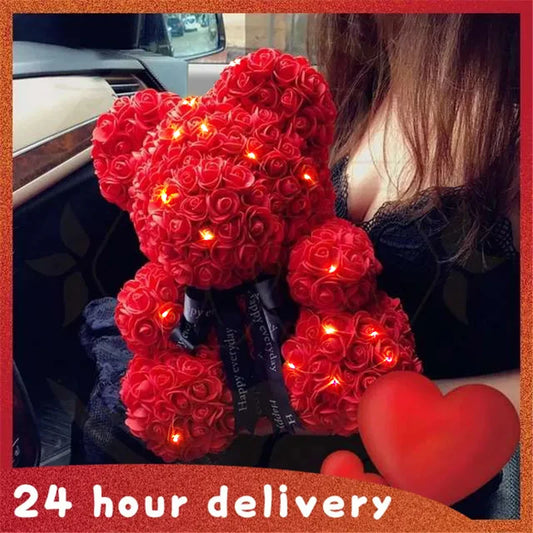 Christmas Valentine'S Day Gifts 23Cm Led Red Rose Teddy Bear Rose Flower Artificial Decoration Birthday Gifts Valentines Gifts